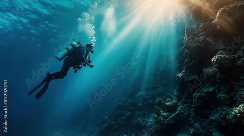 A scuba diver gracefully explores the depths of the ocean, surrounded by coral and illuminated by sunlight piercing through the turquoise water, embodying adventure and calm. photo