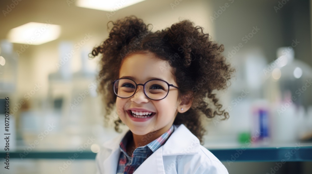 A cheerful child with curly hair and eyeglasses smiles brightly, exuding joy and innocence in a classroom setting. A cheerful child with curly hair and eyeglasses smiles brightly, exuding joy and innocence in a classroom setting.