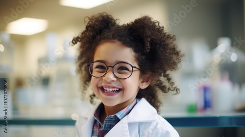 A cheerful child with curly hair and eyeglasses smiles brightly, exuding joy and innocence in a classroom setting.