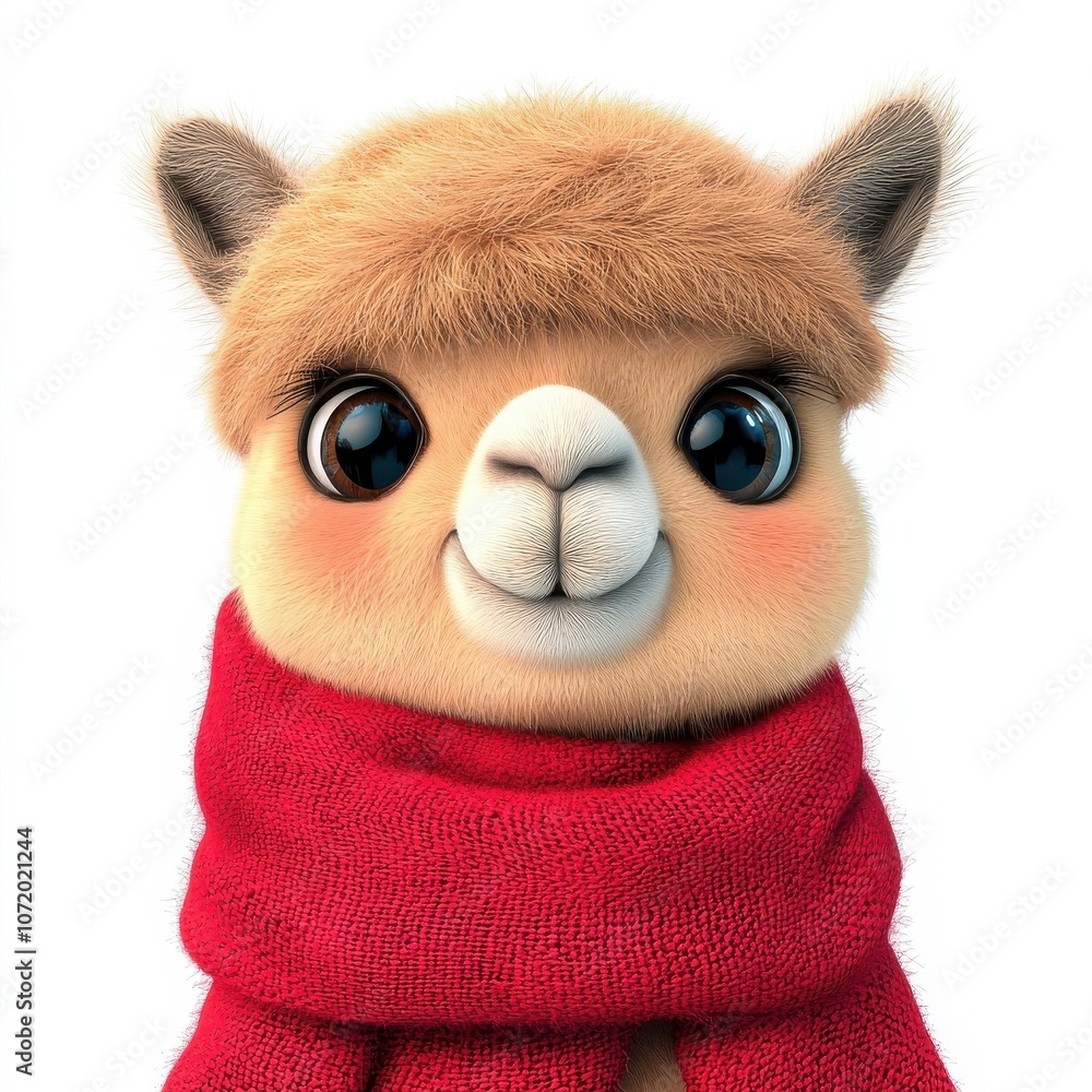 Fototapeta premium A cute cartoon llama wearing a red scarf with big expressive eyes, perfect for children's illustrations.