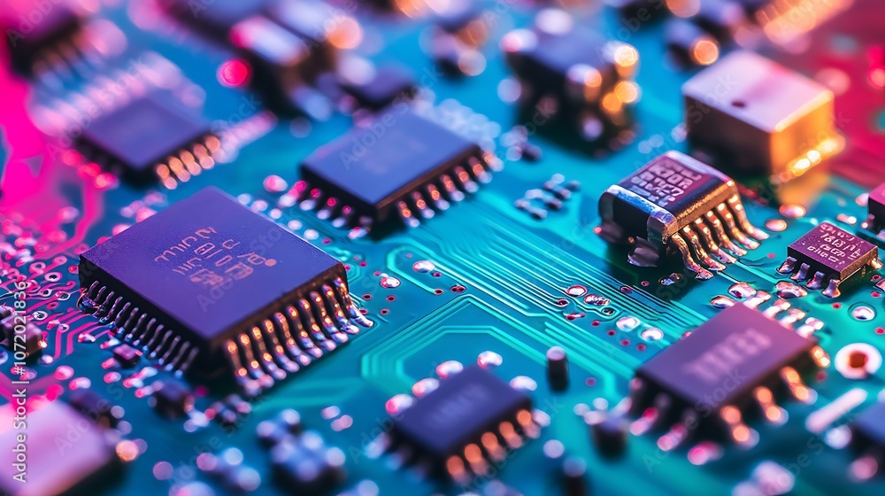 Obraz premium Close-up of a circuit board with integrated circuits and resistors.