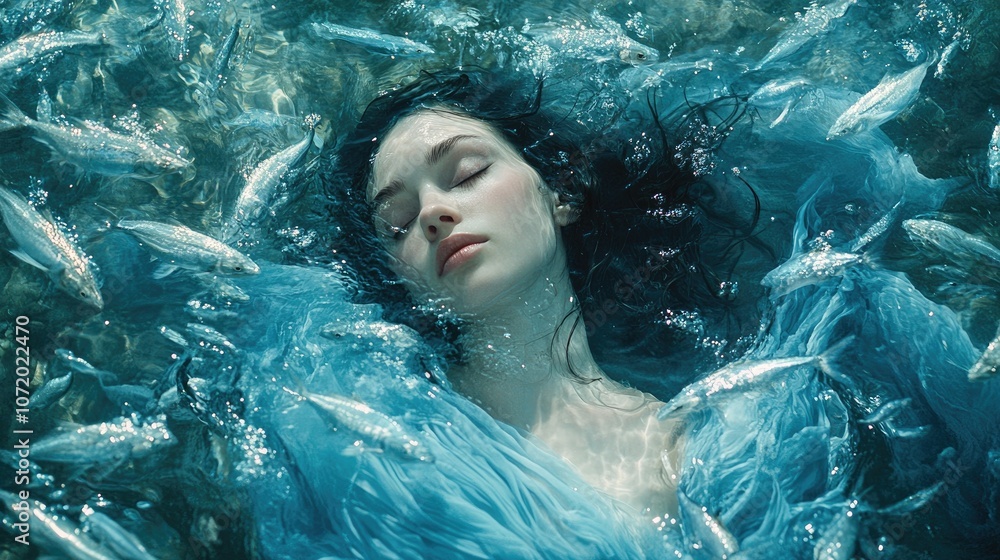 A young woman with long dark hair, wearing a flowing blue gown, lies peacefully submerged in clear water, surrounded by a school of silver fish. A young woman with long dark hair, wearing a flowing blue gown, lies peacefully submerged in clear water, surrounded by a school of silver fish.