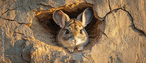 A curious rabbit peeks out from its cozy burrow, framed by earthy textures. This captivating image captures the essence of wildlife and natural habitats.