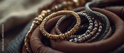 A collection of intricately designed beaded bracelets spiral gracefully, showcasing artistry, craftsmanship, and the allure of handmade jewelry. photo