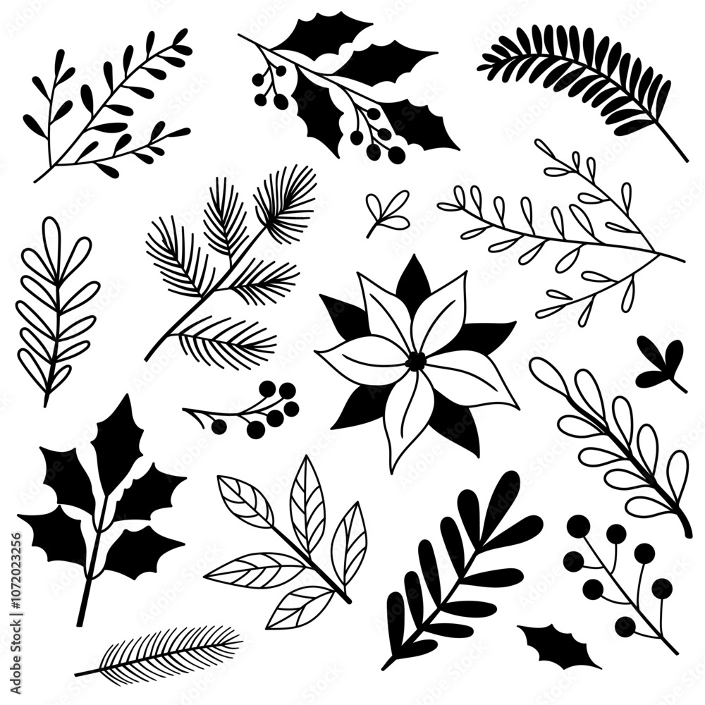 Set of Christmas plant branches. Mistletoe, holly, ivy, poinsettia, spruce, yew, laurel, rosemary. Vector line illustration isolated on white background. Set of Christmas plant branches. Mistletoe, holly, ivy, poinsettia, spruce, yew, laurel, rosemary. Vector line illustration isolated on white background.