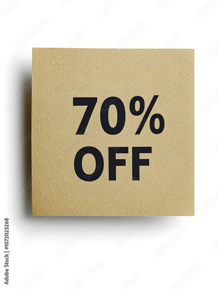 Black '70% OFF' Text on a Dark Brown Square Paper Note. White Background Black '70% OFF' Text on a Dark Brown Square Paper Note. White Background