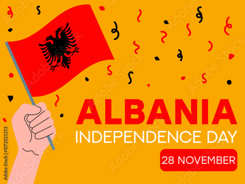 albania independence day 28 November, albania flag in hand. Greeting card, poster, banner template	