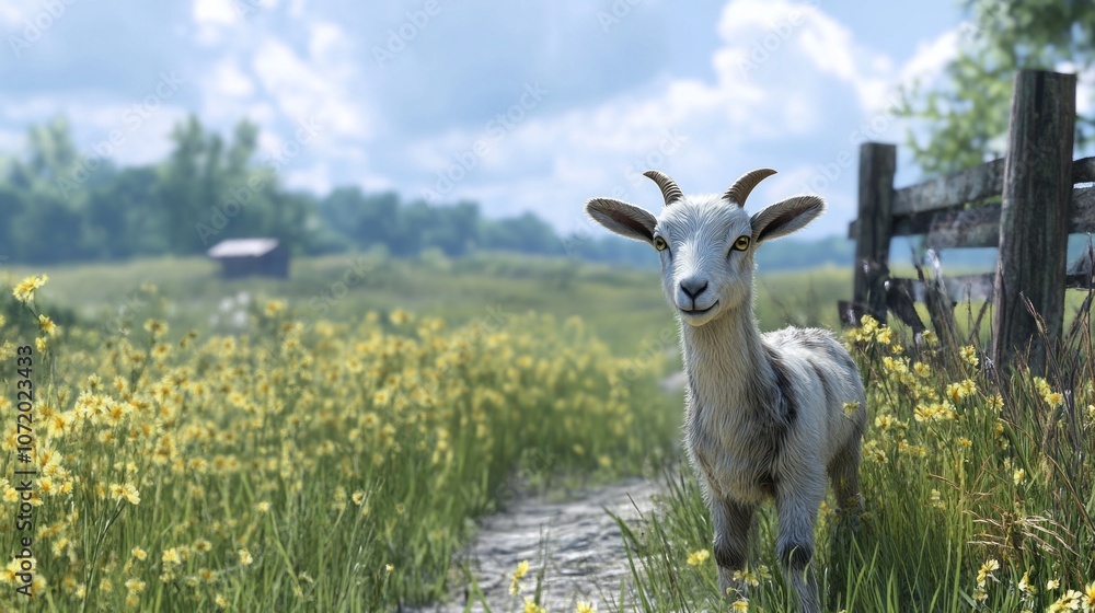 Obraz premium A goat is standing in a field of yellow flowers