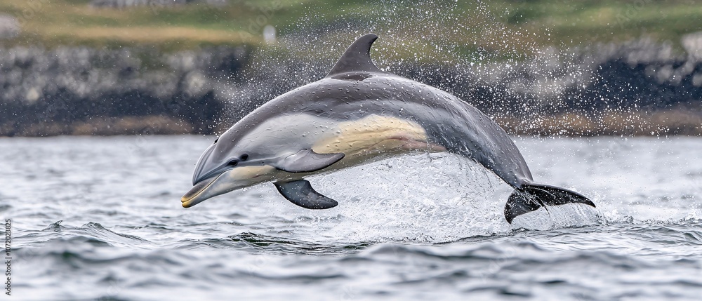 Obraz premium A graceful dolphin leaps above the water's surface, showcasing its agility and beauty in a stunning marine setting, capturing the essence of ocean life.