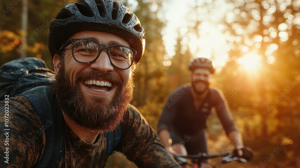 Two bearded cyclists with helmets ride through a sunlit forest trail, capturing the essence of adventure, camaraderie, and nature's beauty at sunset. Two bearded cyclists with helmets ride through a sunlit forest trail, capturing the essence of adventure, camaraderie, and nature's beauty at sunset.