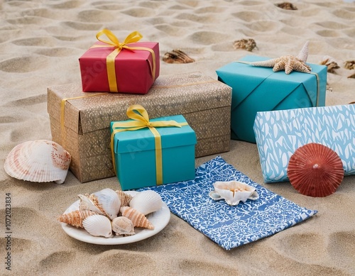 Colorful gift boxes arranged on sandy beach with seashells, creating a festive coastal atmosphere.