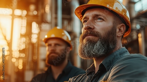 Two dedicated construction workers wearing yellow hard hats, gazing thoughtfully as the sun sets, encapsulating hard work and industrial spirit in a serene moment. photo