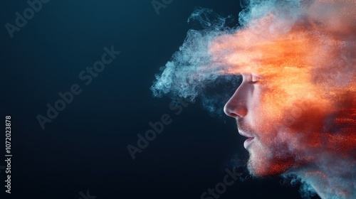 An artistic depiction of a person's profile, merging into fiery smoke representing thoughts or creativity, providing an expressive illustration of human imagination. photo