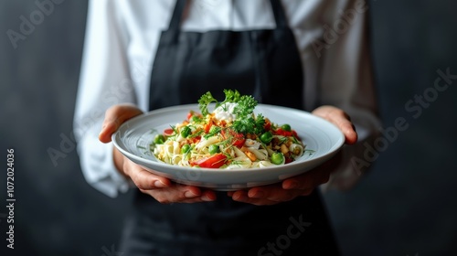 Waiter presenting pasta dish with vibrant mix of vegetables and fresh herbs on a white plate. Bright, healthy meal offered in a chic restaurant atmosphere with elegant presentation.