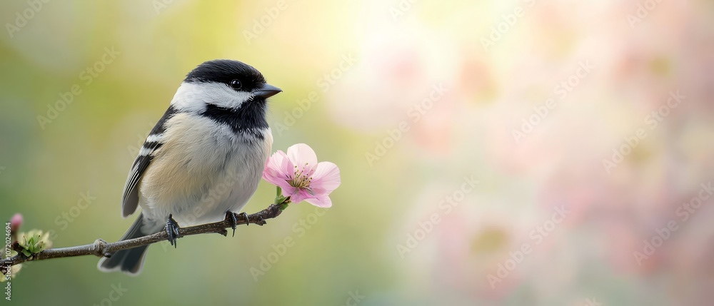 Obraz premium A small bird sitting on a branch with a pink flower