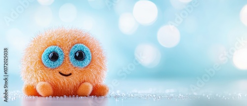 A small orange toy with blue eyes sitting on a table