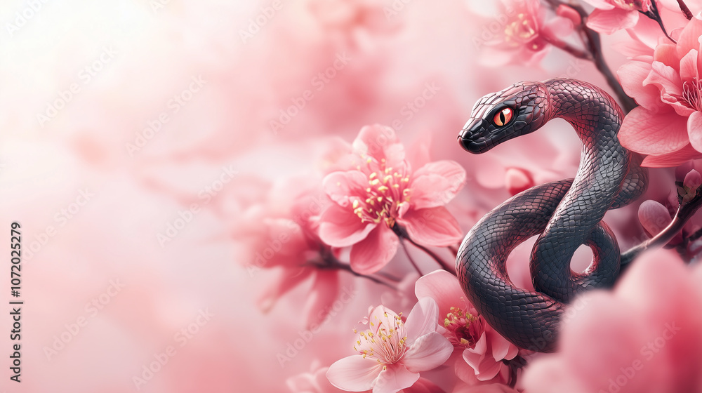 Snake in pink cherry blossom. New Year 2025. Copy space. 