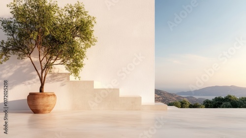 A peaceful outdoor terrace showcases an elegant potted olive tree, embracing the pristine beauty of picturesque hills beneath a soft sky during the golden hour. photo