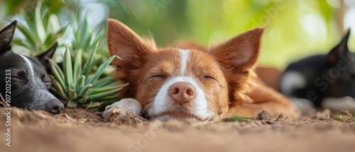 A brown and white dog laying on the ground next to two small dogs photo