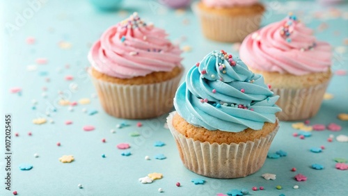 Colorful cupcakes with pink and blue frosting, topped with sprinkles, set against a soft pastel background. Perfect for sweet treats and festive dessert themes.