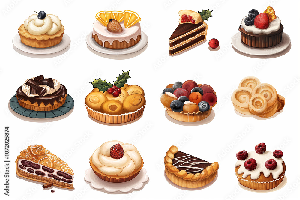 Set of Christmas cakes, sweets and winter holidays illustrations. Stickers, clip arts, symbols and icons perfect for xmas banner, greeting card and winter design. Set of Christmas cakes, sweets and winter holidays illustrations. Stickers, clip arts, symbols and icons perfect for xmas banner, greeting card and winter design.