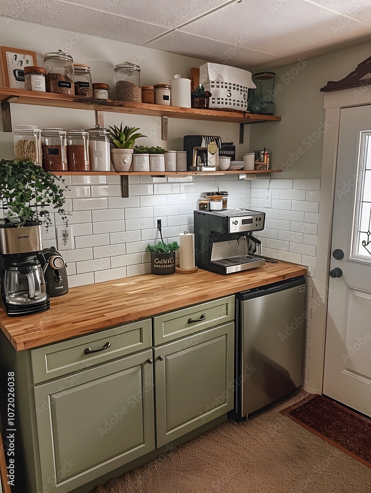 Fototapeta premium Cozy home coffee bar with organized storage and plants