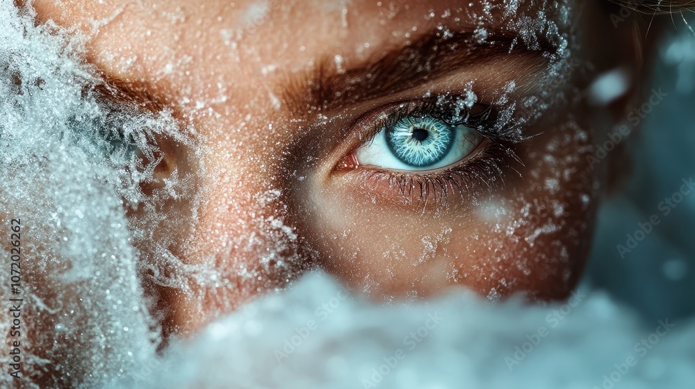 Fototapeta premium The icy blue eye reveals a sense of tranquility and introspection amidst a serene winter setting, with snowflakes creating an ethereal visual spectacle.