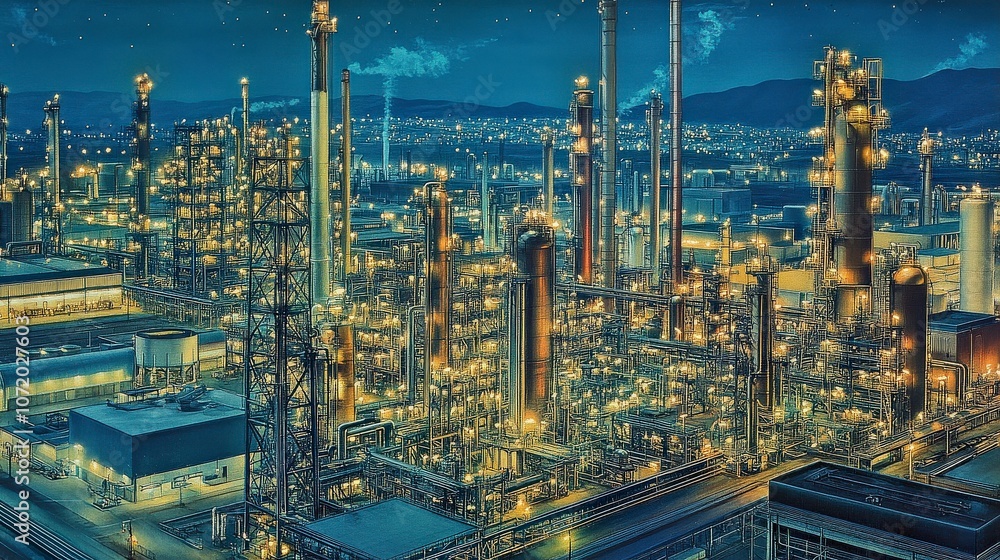 Obraz premium The Glow of an Industrial Cityscape at Night