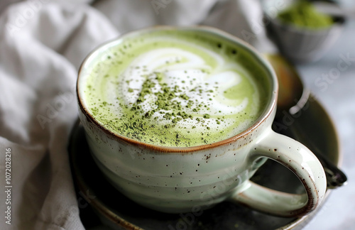 A cup of matcha latte sits on a saucer, sprinkled with matcha powder. The creamy, green beverage is perfect for a relaxing afternoon