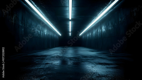 A Dark, Concrete Corridor Illuminated by Glowing Neon Lights, Creating an Eerie and Atmospheric Scene.