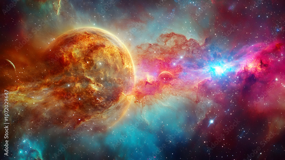 Obraz premium A Fiery Planet Orbiting Through A Colorful Cosmic Nebula, Surrounded by Stars and Dust