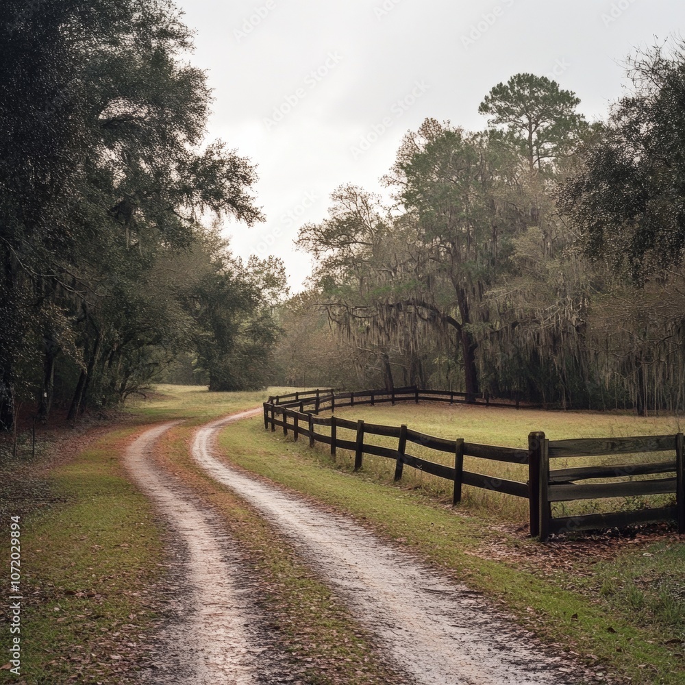 Fototapeta premium Rural Dirt Road with Fence and Trees.