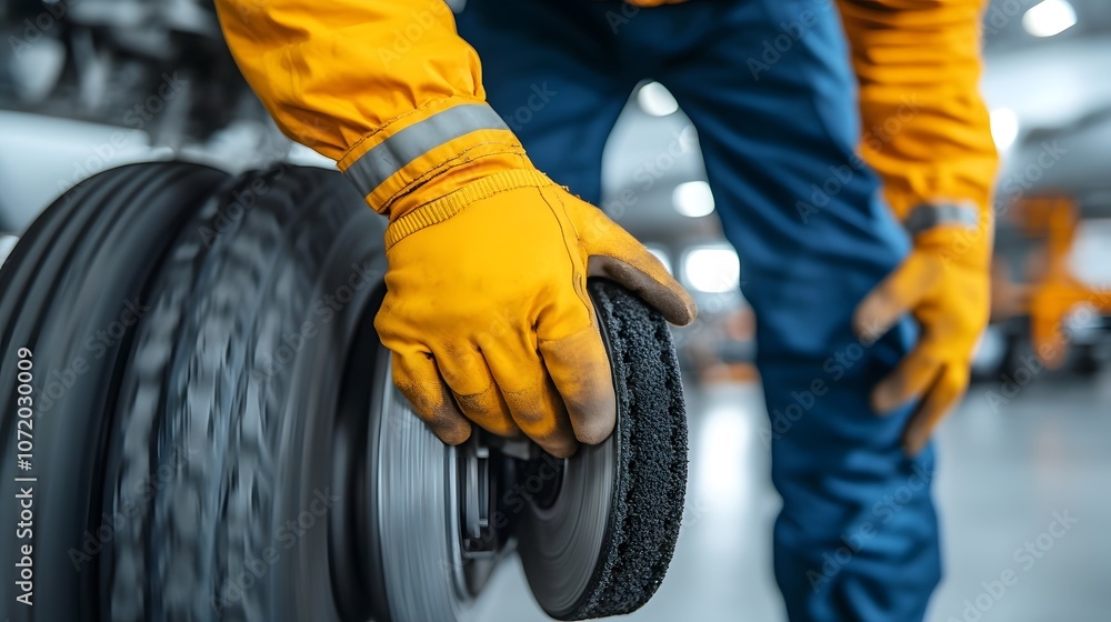 Fototapeta premium Professional male mechanic wearing blue uniform and yellow protective gloves changing car tire in auto repair workshop Automotive service car maintenance and vehicle repair concept