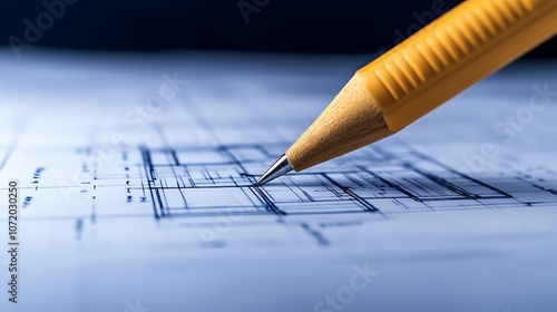 A close-up view of a pencil sketching architectural blueprints, showcasing precision and design in drafting. photo