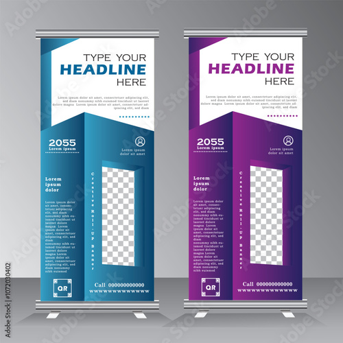 roll up banner template for business, vertical banner template, standee banner, modern x-banner and pull up, vertical banner with purple and blue color