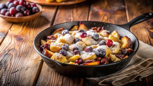 Sweet and Savory Bread Pudding with Berries and Powdered Sugar in a Cast Iron Skillet