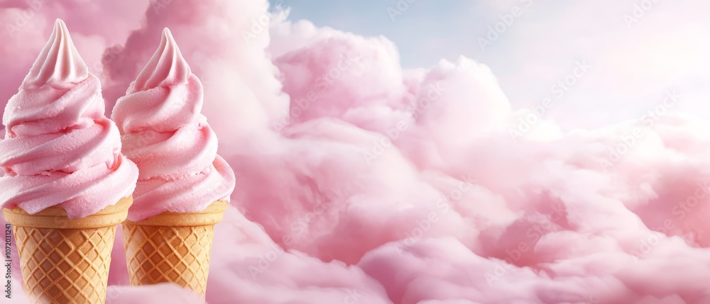 Two ice cream cones with pink frosting in the clouds Two ice cream cones with pink frosting in the clouds