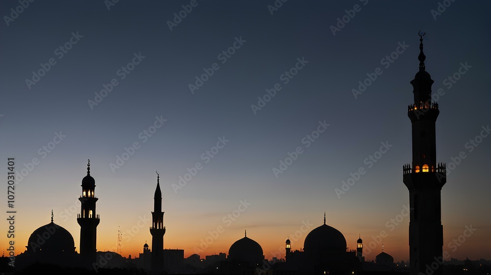 Fototapeta premium The silhouette of a mosque with a call to prayer echoing across the city at dusk.