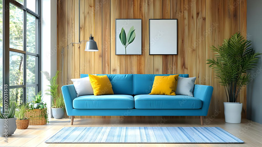 Modern Living Room Interior Design with Blue Sofa, Wood Wall, and Plants Modern Living Room Interior Design with Blue Sofa, Wood Wall, and Plants