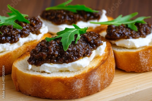 Perfect Bruschetta with Tapenade, Cream Cheese, and Arugula photo