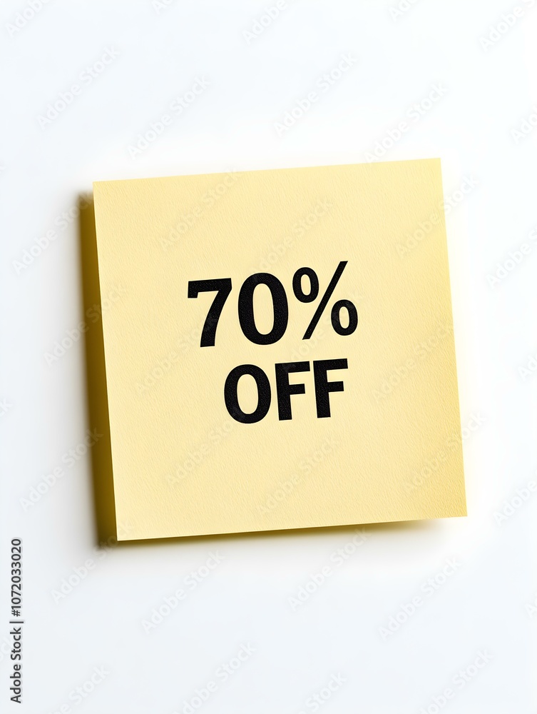Black '70% OFF' Text on a Gold Square Paper Note. White Background Black '70% OFF' Text on a Gold Square Paper Note. White Background