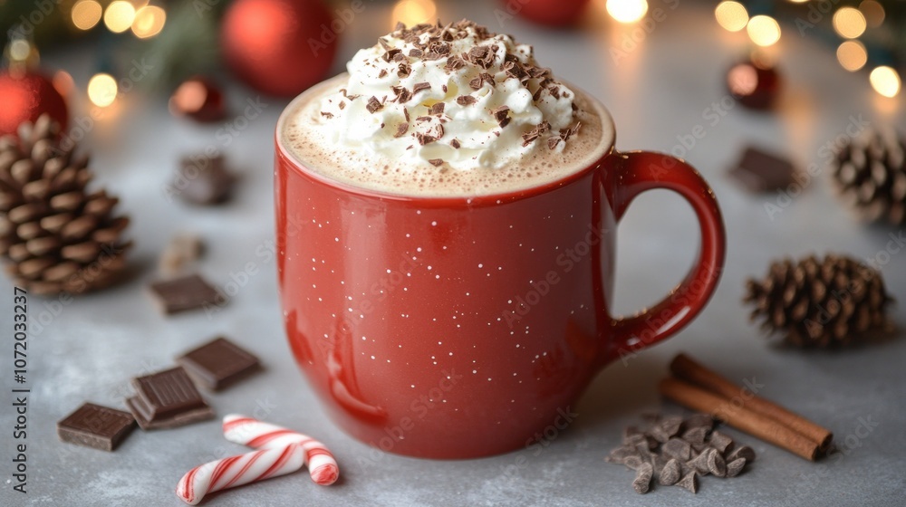 A bright red mug filled with hot chocolate, generously topped with whipped cream and chocolate shavings against a backdrop of festive lights A bright red mug filled with hot chocolate, generously topped with whipped cream and chocolate shavings against a backdrop of festive lights