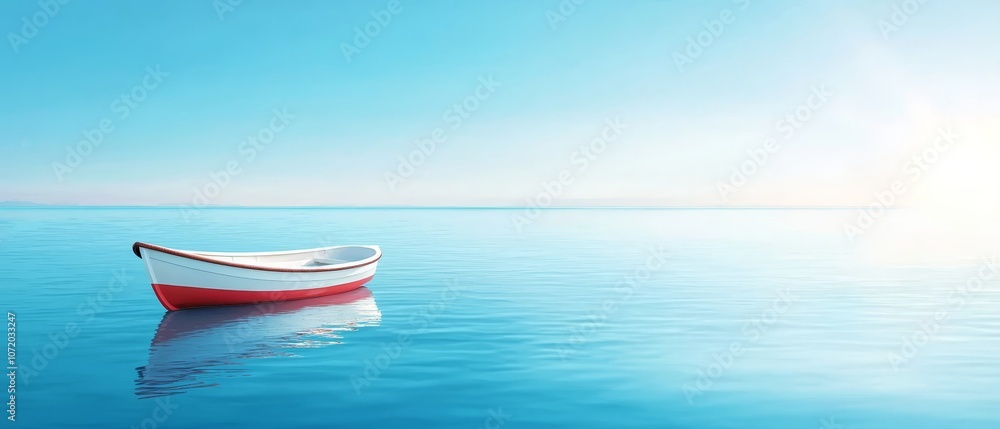 A small red and white boat floating in the middle of the ocean A small red and white boat floating in the middle of the ocean