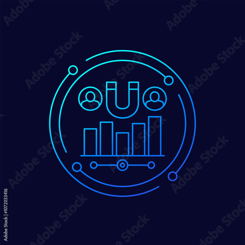 customer retention metrics icon with a magnet, linear vector design