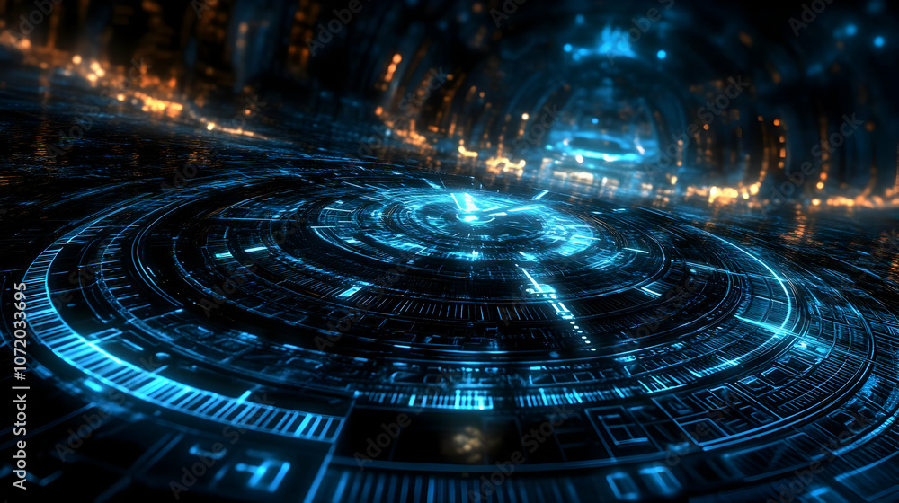 Abstract 3D Blue and Orange Digital Interface with Glowing Lines and Circuits, Futuristic Technology Background Abstract 3D Blue and Orange Digital Interface with Glowing Lines and Circuits, Futuristic Technology Background
