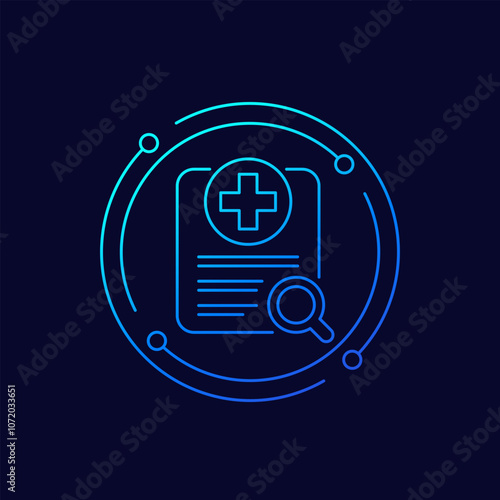 medical document search icon, patient file and magnifying glass, linear design