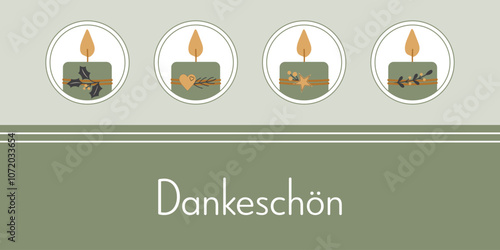 Dankeschön - Schriftzug in deutscher Sprache. Dankeskarte mit vier verzierten Kerzen in Grün, Gold und Anthrazit.