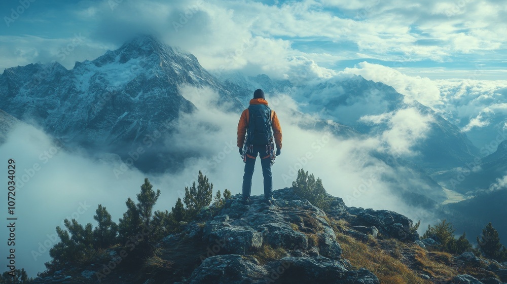 At the peak of the majestic mountain peak, a mountain climber stood victoriously At the peak of the majestic mountain peak, a mountain climber stood victoriously