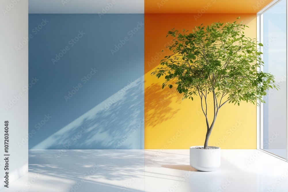 Obraz premium A modern interior featuring a green plant against a split-colored wall of blue and orange, illuminated by light streaming through large windows.
