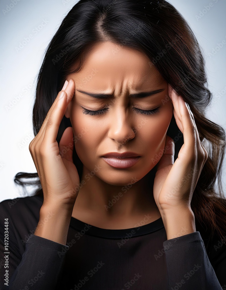 Woman with her hands on her head. Migraine and headache. Pain in head of black hair girl Woman with her hands on her head. Migraine and headache. Pain in head of black hair girl